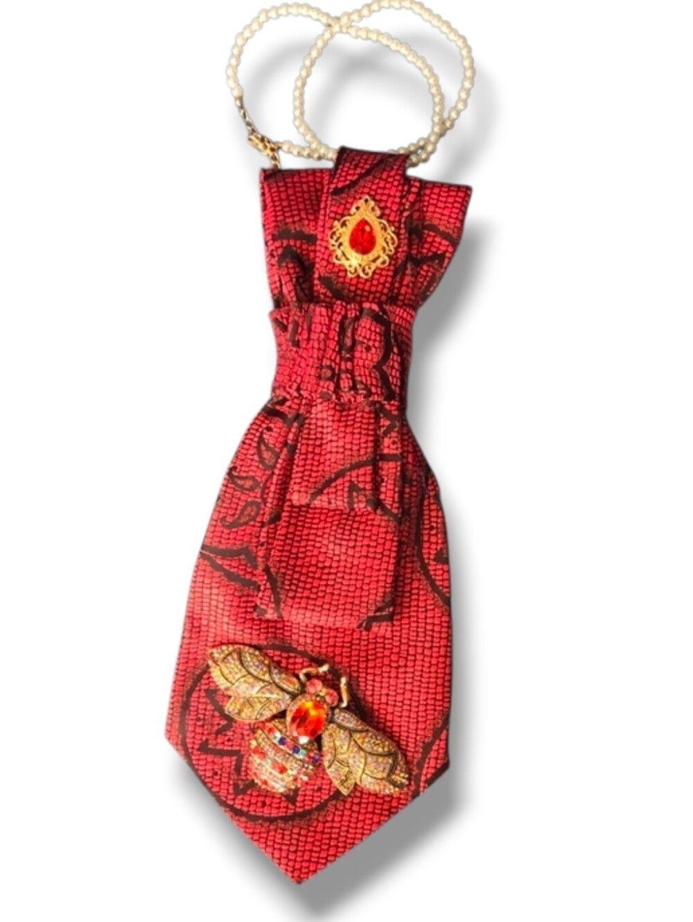 3/$60 Red and Black Patterned Cravat with Jeweled Bee brooch